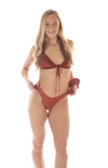 Model wears Body Juice LouLou Frill string Top in Sunkissed Tan with Harper Bottoms from front 
