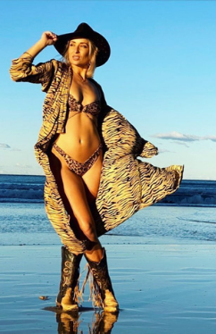Model wears Body Juice Zahlee Bikini Topmin Cheetah with Ruched sides Harper bottoms